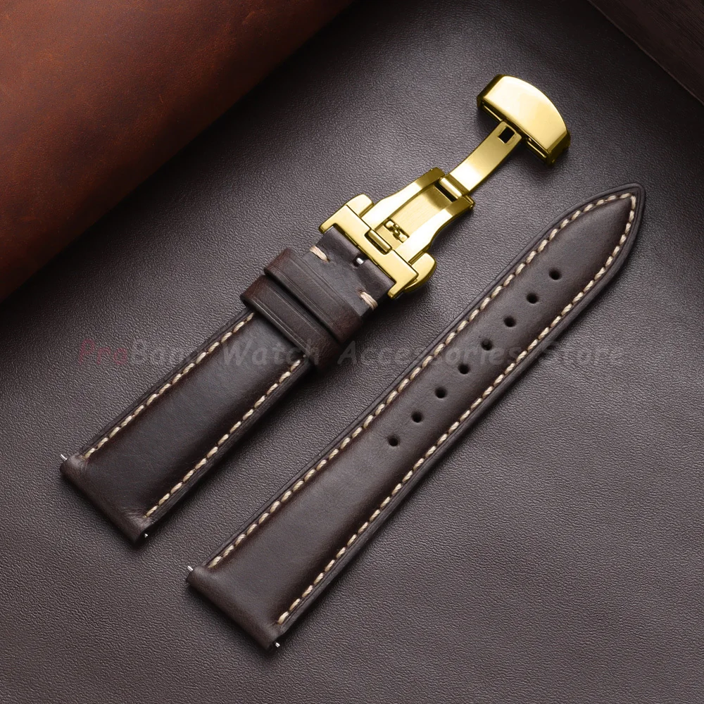Vintage Brown Oil Wax Leather Watch Strap with Butterfly Buckle - Men's Accessory
