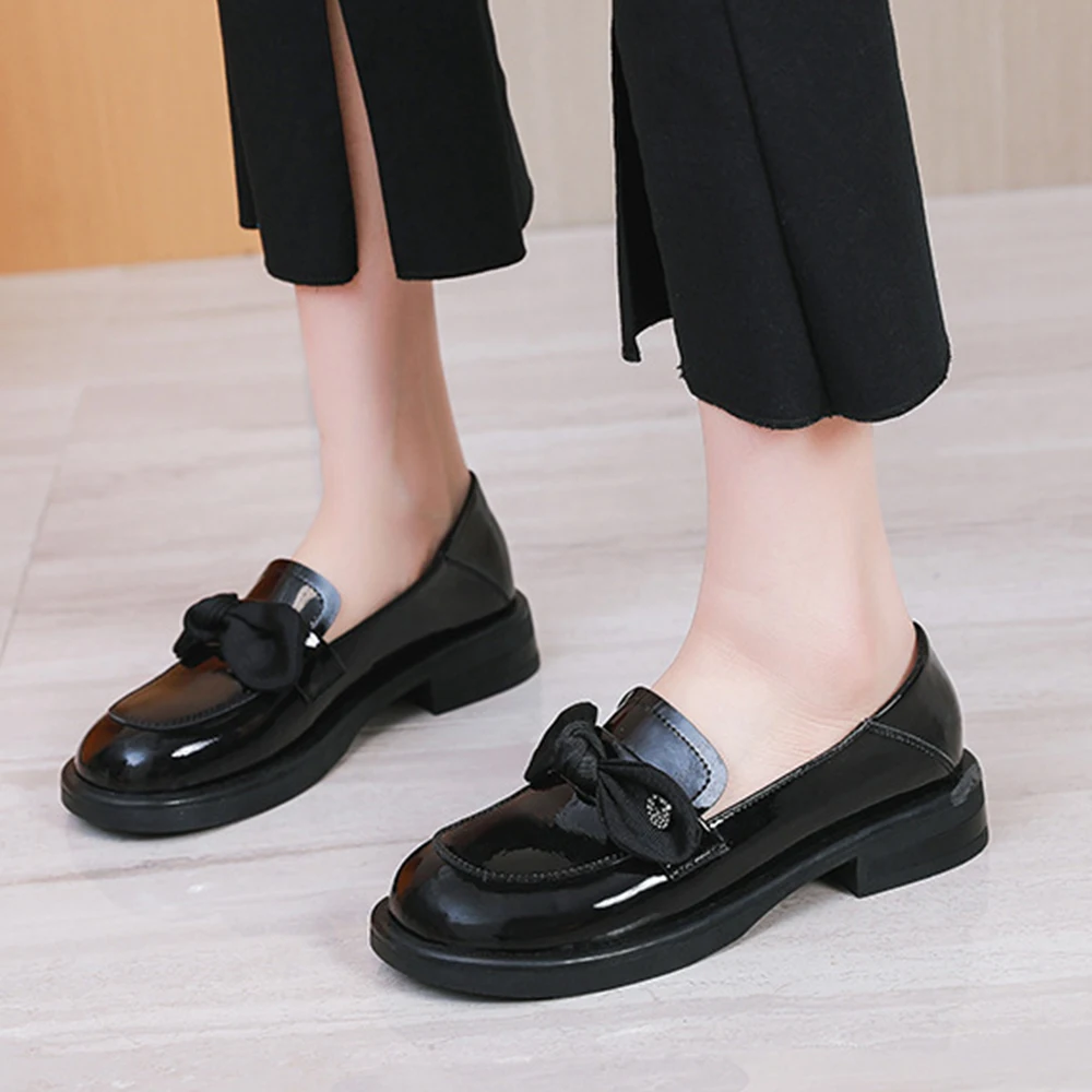 

Leather Small Leather Shoes 2022 New Women's Round Head Bow Thick Heel Women's Single Shoes British Style Loafers Women's Shoes