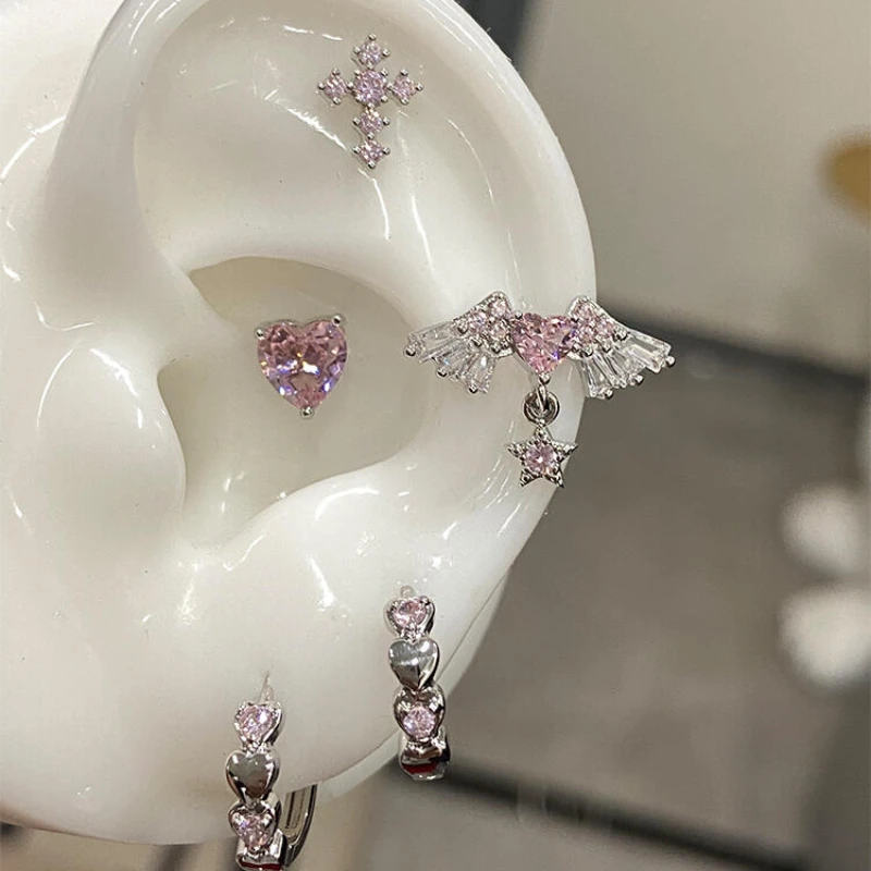 1 Pcs Pink Love Heart Wings Star Pendant Ear Bone Nail 316L Stainless Steel Piercing Earring Y2K Punk Jewelry Women Accessories