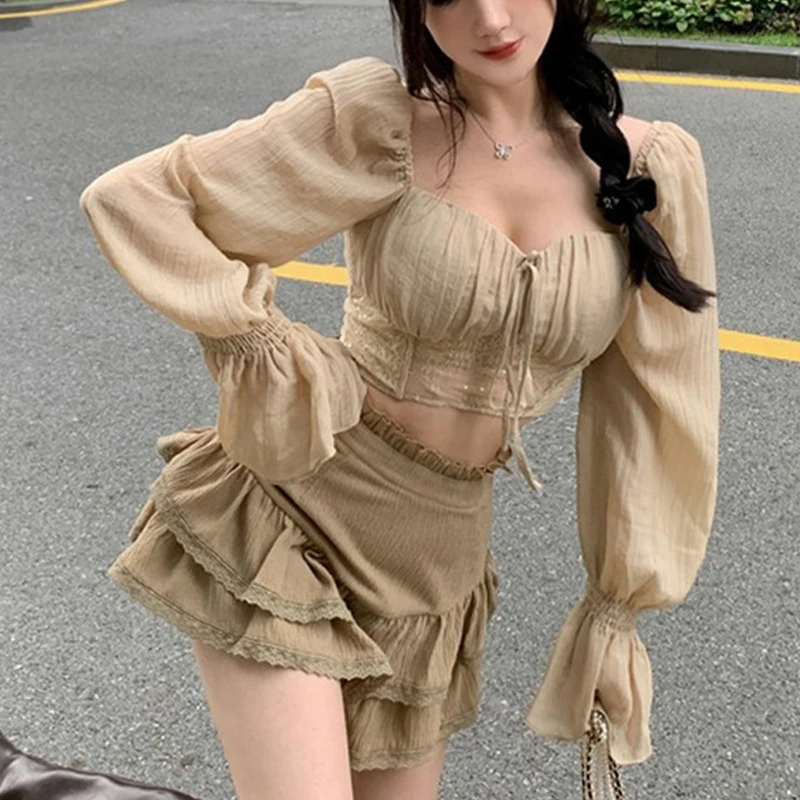 y2k Blouse Elegant Women Solid Color V Neck Lace Patchwork Long Sleeve Shirt Tops 2000s Fairycore Clothing Streetwear