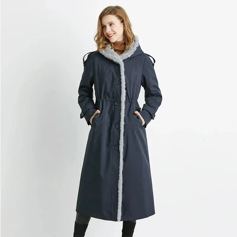 

2024 Trend Winter Coat Women's Parkas Rex Rabbit Fur Liner s and Jackets Women Mink Collar Long Ladies Overcoat