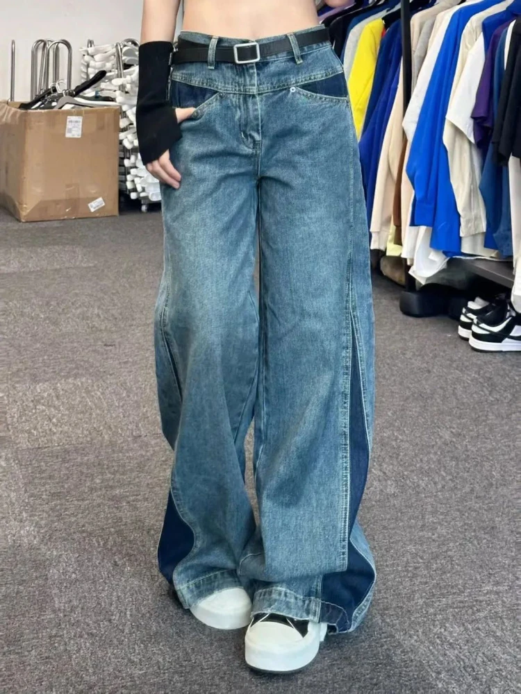 Deeptown Hippie Kpop Blue Baggy Jeans Women Vintage Patchwork Oversize Denim Pants Retro Harajruku Streetwear Wide Leg Trousers