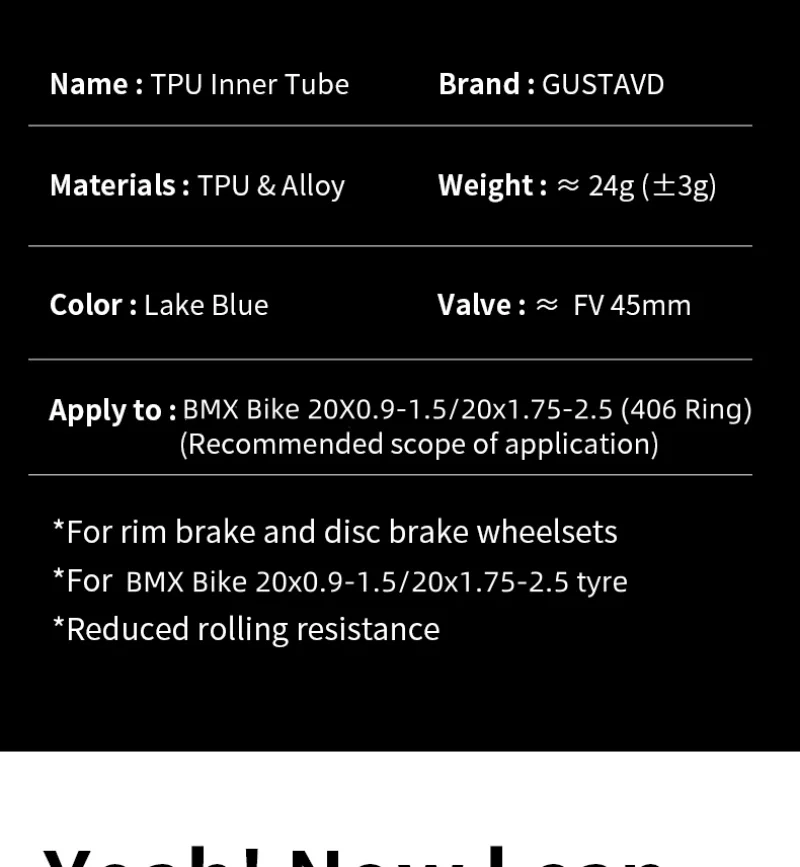 GUSTAVO TPU-Schlauch für BMX-Fahrräder und Falträder, Innenschlauch 20X0,9-1,5/20X1,75-2,5 (406), 45mm 65mm Länge, Französisches Ventil – Detail 1