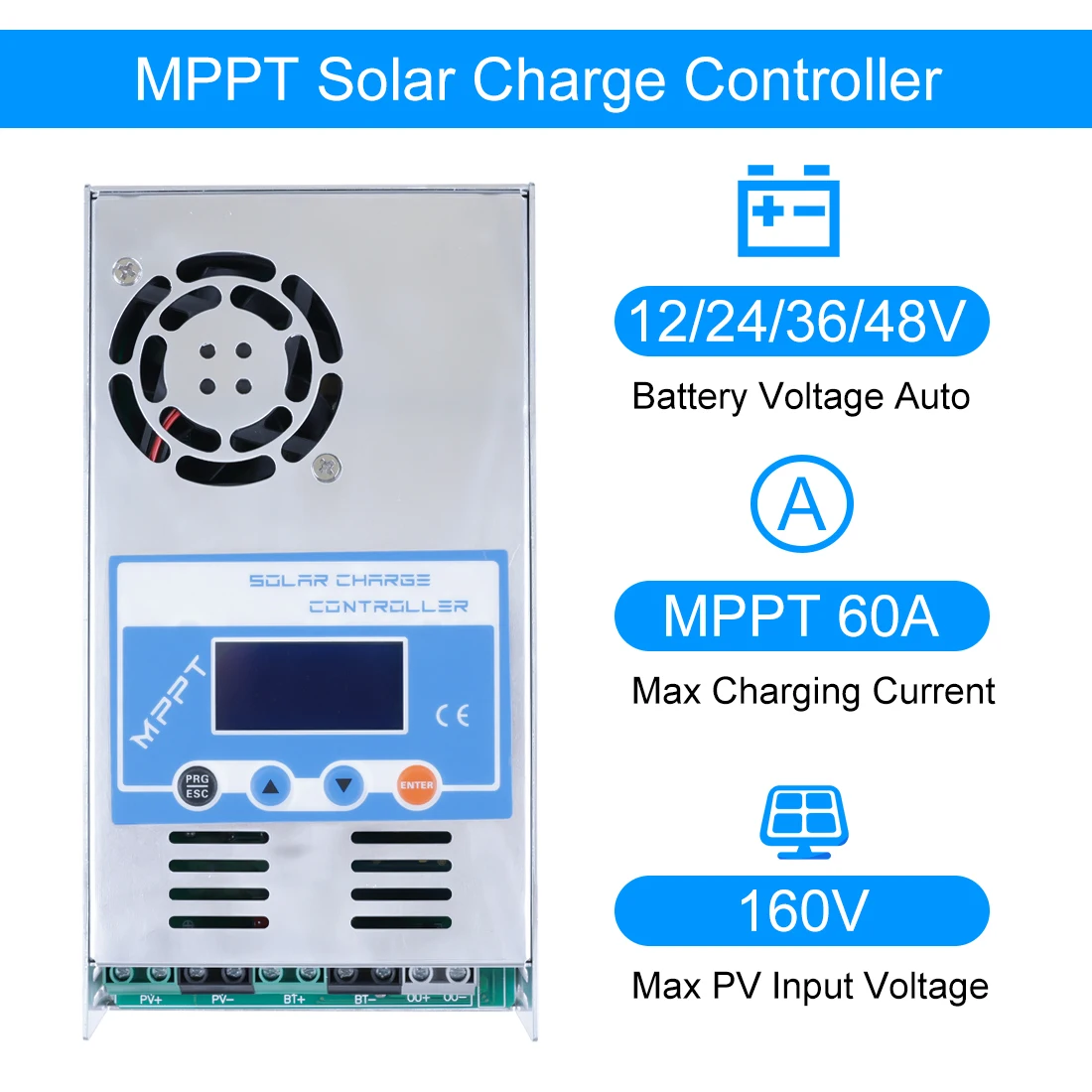 

Solar Charger Controller 60A MPPT 60A Discharge Controller 12V 24V 36V 48V Auto for Max PV 190VOC Lead Acid Lithium Battery