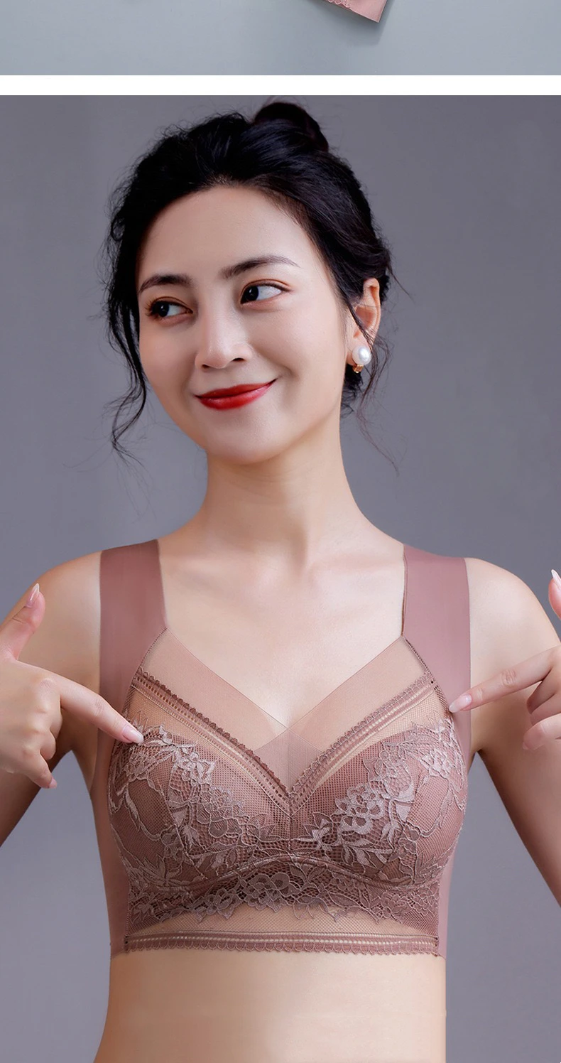 Plus Size Bra - Women's Lace Padded Comfort Bra With Ice Silk Fabric, Wire Free Support