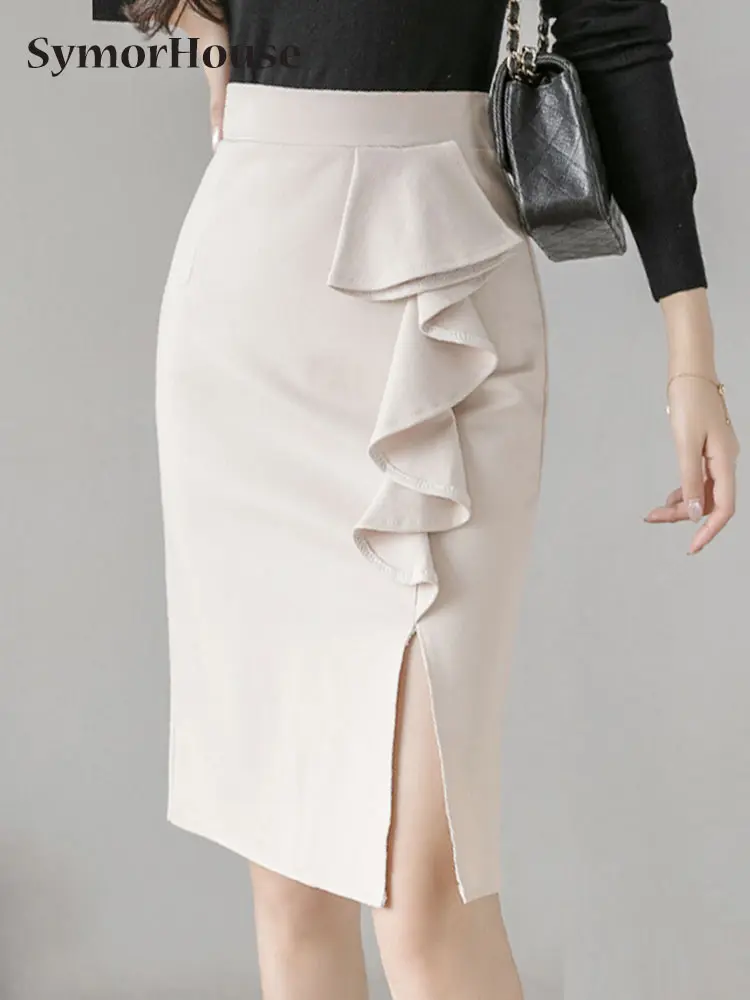 

New Korean Style High Waist Stretch Skirts For Women Elegant Ruffles Split Midi skirt Female Casual Office OL Skirts