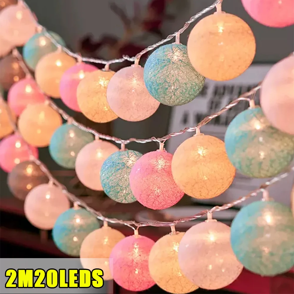 2M 20LEDs Cotton Ball String Lights Garland Ball Fairy Lights For Outdoor Holiday Wedding Xmas Party Home Decoration Balls Lamp 5m 20leds holiday light crystal ball led string solar lamp outdoor waterproof fairy light garden solar decorative lights