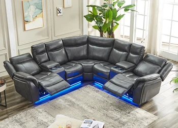Power Recliner Sectional Sofa with LED Lights, USB, Cup Holders Storage Console Faux Leather Wall Hugger Living Room Couch 1