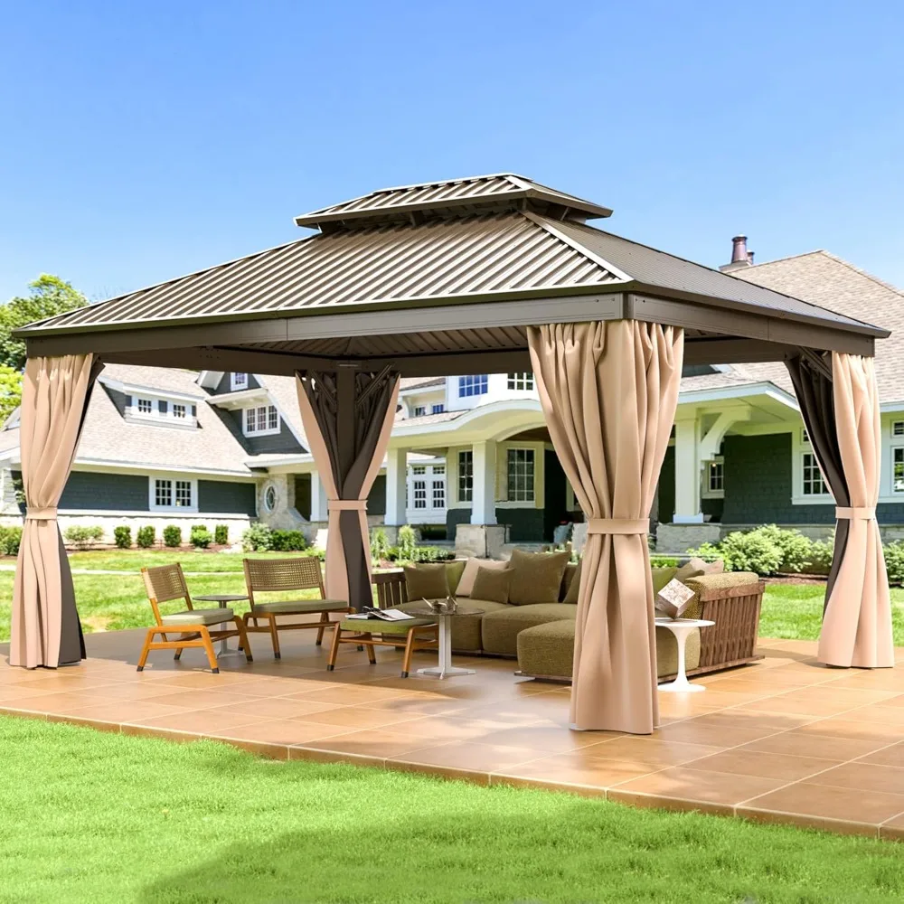 10x12 FT Hardtop Gazebo with Aluminum Frame, Galvanized Steel Double Roof Gazebo with Nettings and Curtains, Permanent Outdoor 2