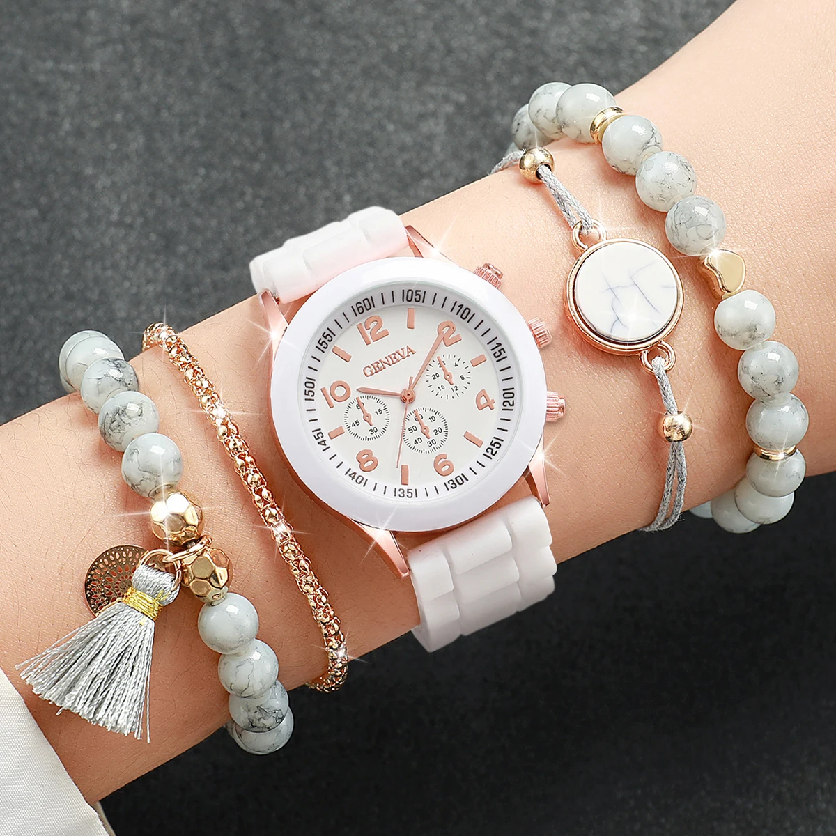 5pcs/set Women White Silicone Band Quartz Watch and Beads Tassels Bracelet Set