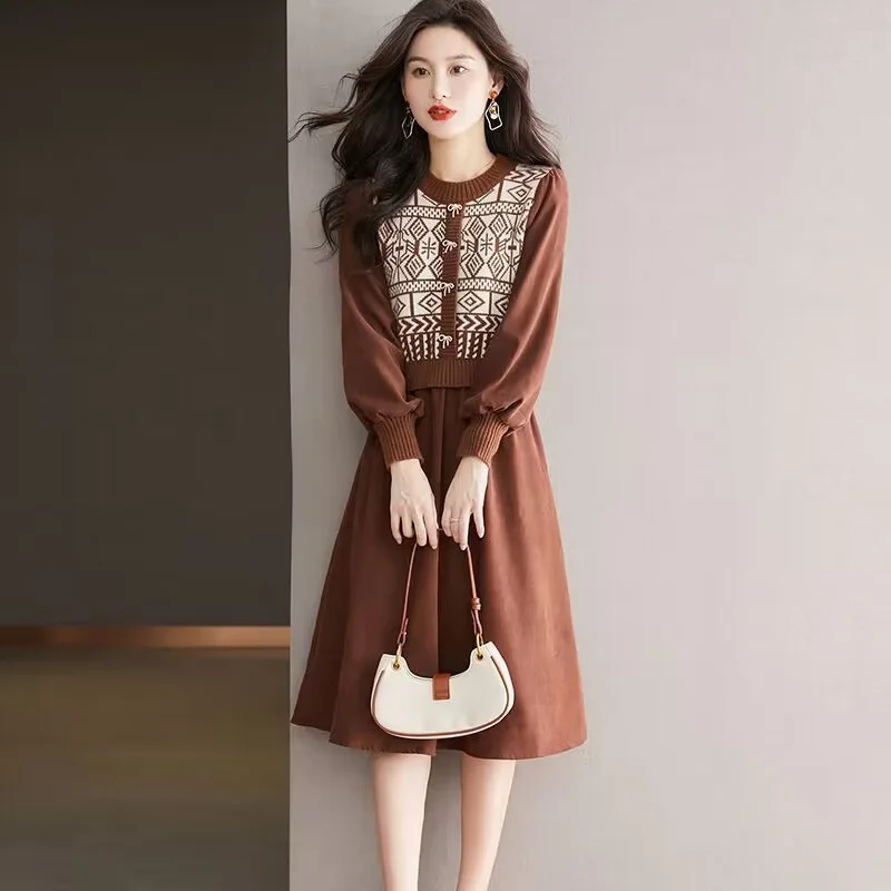

Women Dress Geometric Patchwork Fake Two-piece Long Sleeve Dress Autumn Winter A-Line Vintage Elegant Midi Dress Black vestidos