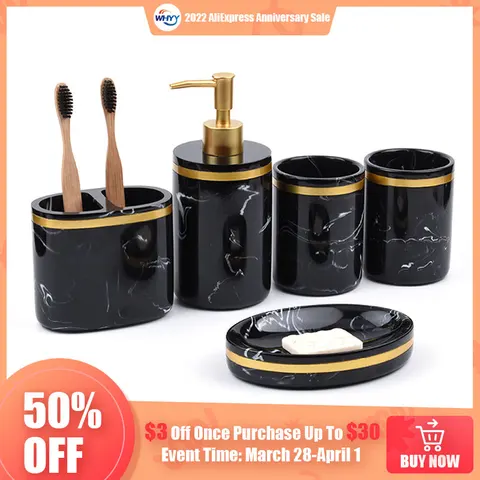 WHYY 5pcs Resin Bathroom Accessories Sets Luxury Marbling Shower Liquid Soap Bottle Toothbrush Holder for Home Hotel Supplies
