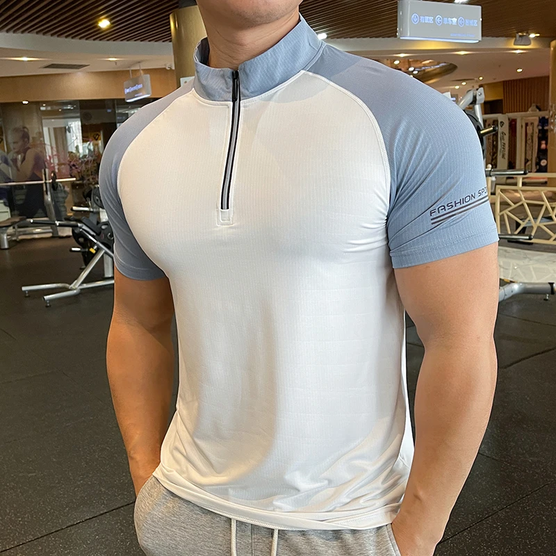 Colletto con cerniera a maniche corte traspirante da uomo che corre fitness maglietta elastica ad asciugatura rapida sport bodybuilding tennis camicie da allenamento