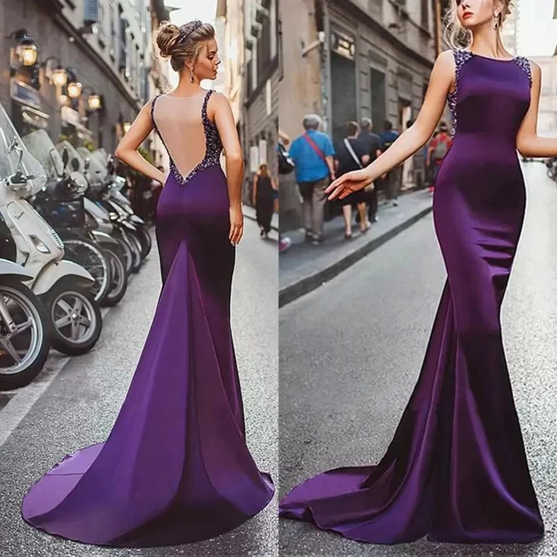 

Elegant Mermaid Invisible Back Prom Dresess Satin O-Neck Sleeveless Floor Length Court Train Evening Dresses Formal Party Dress
