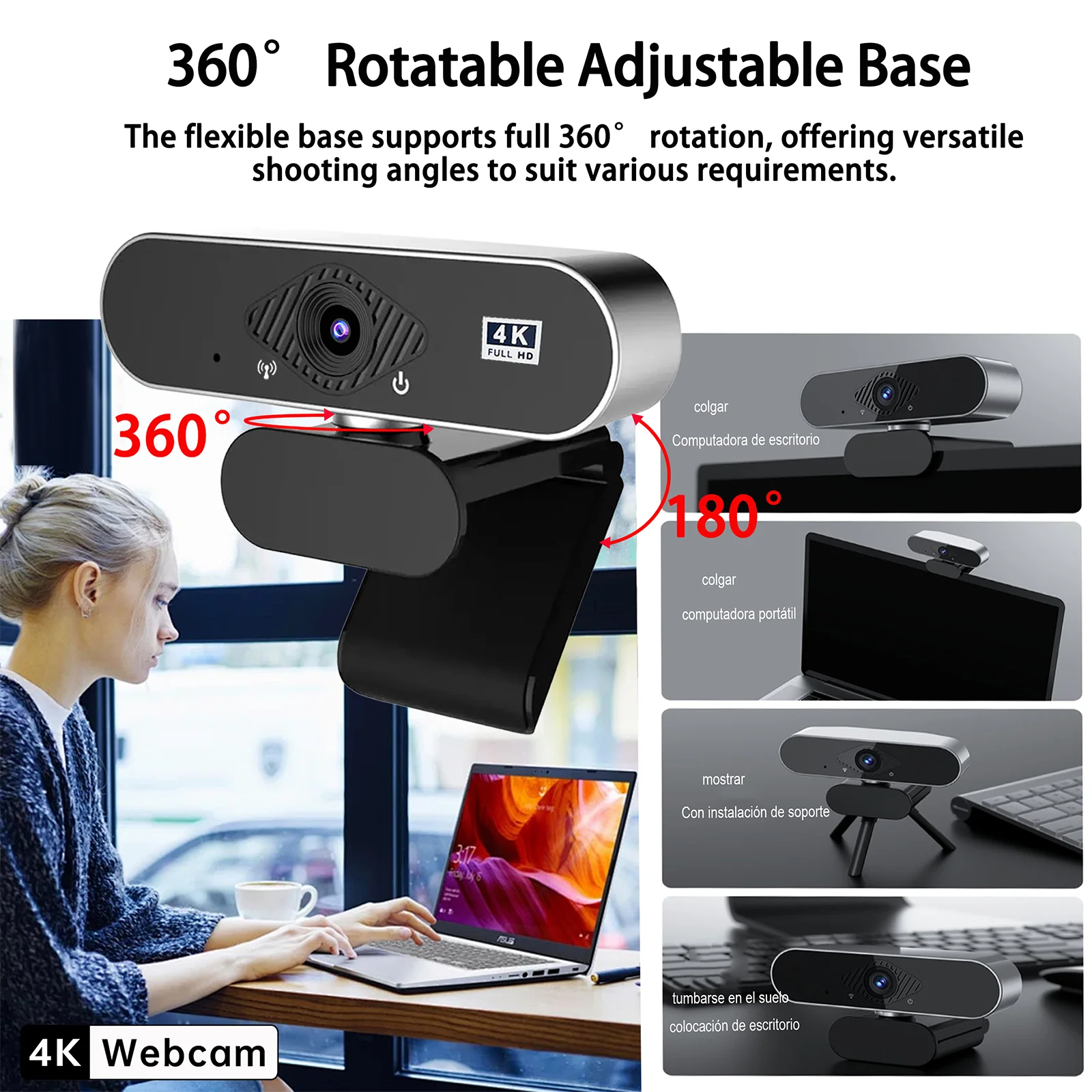PC Webcam EXHQDR 4K Webcam Auto-Focus AI Built-in Microphone Rotatable Stand For Video Conferencing Streaming Online Broadcast