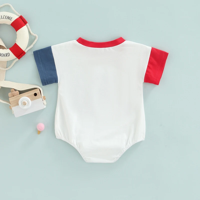 

Newborn 4th Of July Romper Short Sleeve Crew Neck USA Baby Jumpsuit Infant Baby Boy Girl Contrast Color Romper