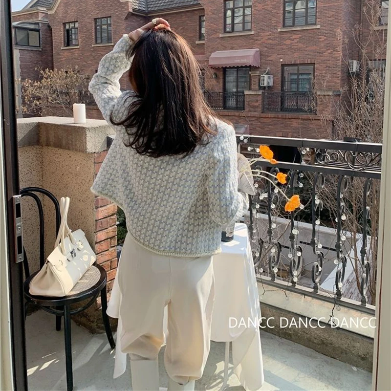 Korean Houndstooh Tweed Jacket Women Elegant Long Sleeve Basic Coat All-Match Single Breasted Cropped Outwear Casual Jacket S-Xl