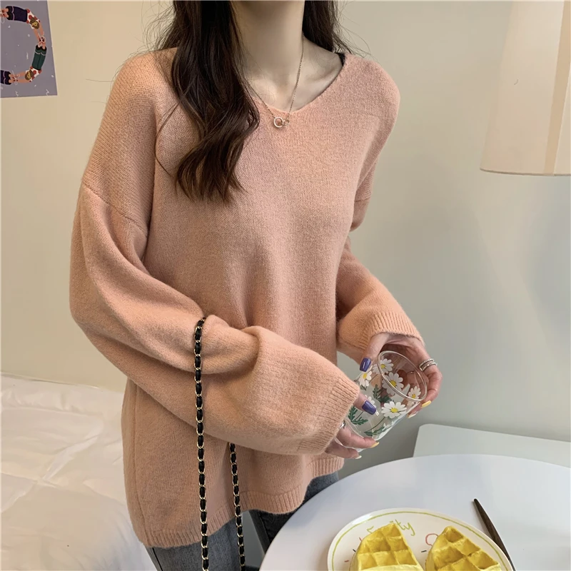 V-neck Pullovers Women Solid Candy Colors Sweet Harajuku High Street Loose-fit Long Sleeve Sweaters Ulzzang Knitted Pullover Ins striped sweater