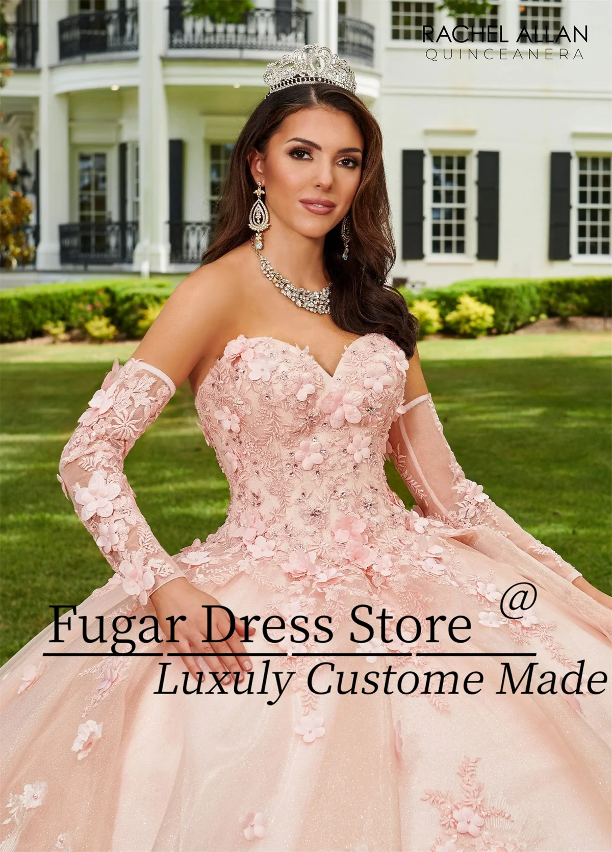 Blush Pink Quinceanera Dresses 3D flower decal long Sequin embroidery sweetheart skirt Detachable sleeves