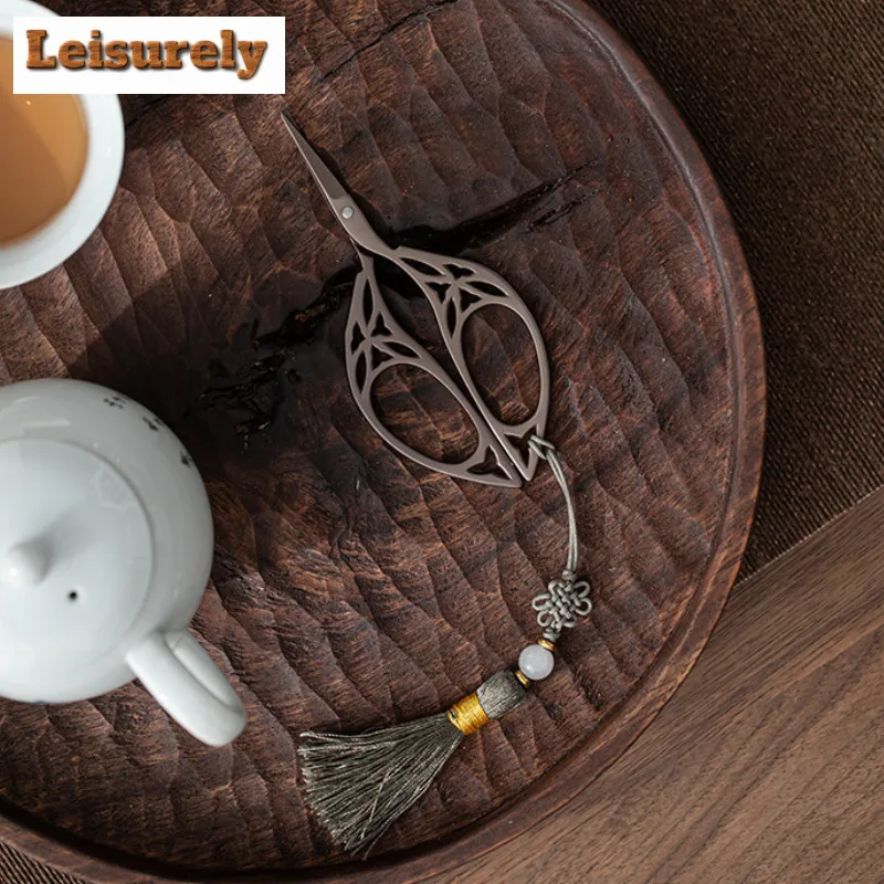 Retro Tassel Titanium Gold Tea Bags Scissors Embroidery Cutting Sewing Tailor Shears Handicraft DIY Household Tea Ceremony Gift