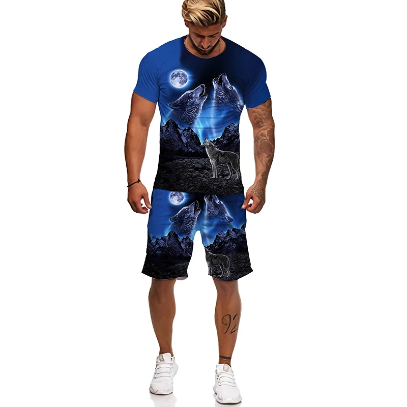 New Arrival Cool The Wolf 3D Printed T-Shirt Suit Summer Outdoor Short Sleeved O-Neck  2 Pcs Set Casual Oversized Sportswear