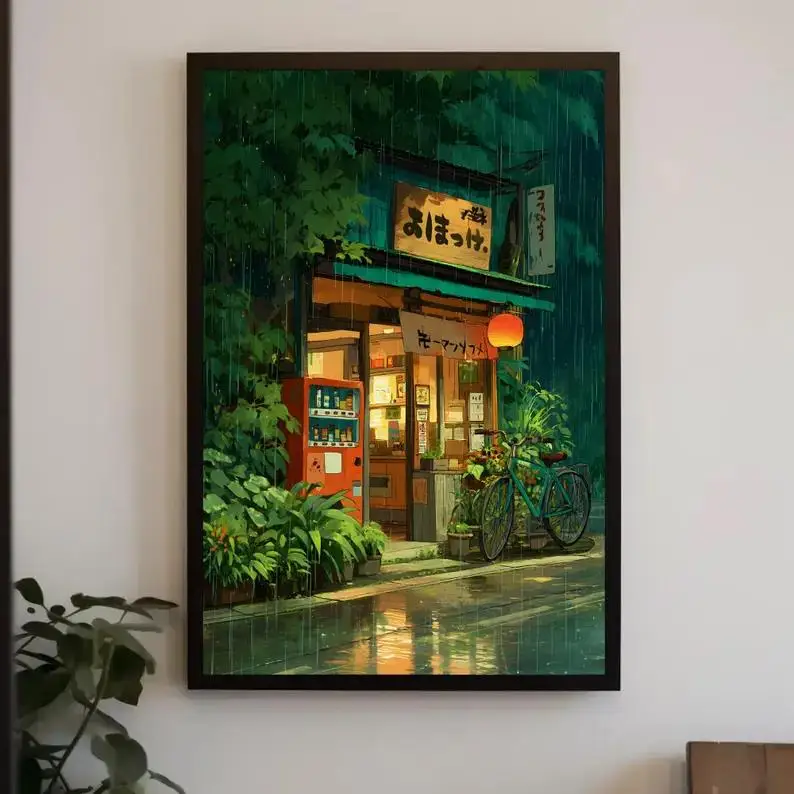 Ghibli-Inspired Street Cafe Scene Wall Art Print