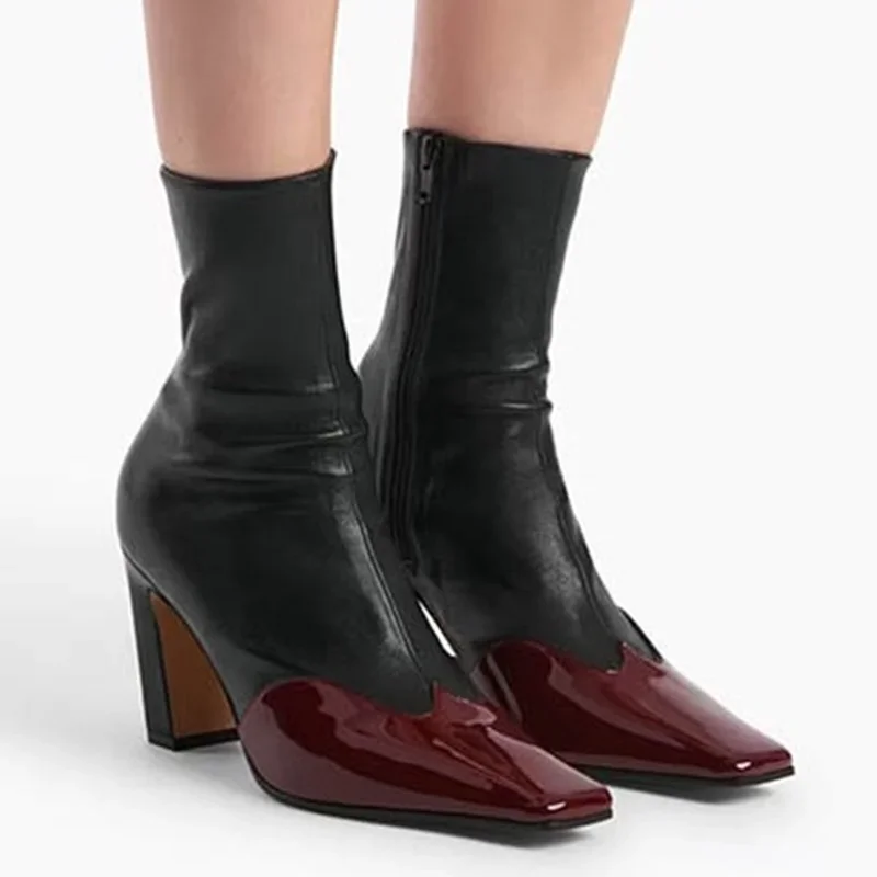 Botines de costura de retales de cuero, botas sexis con punta cuadrada ...