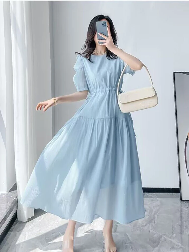 Women Dress Elegant Women Blue Dresses New Drawstring Slim Waist Short Sleeve Summer Dress Korea Fashion Solid color Chiffon Long Dress