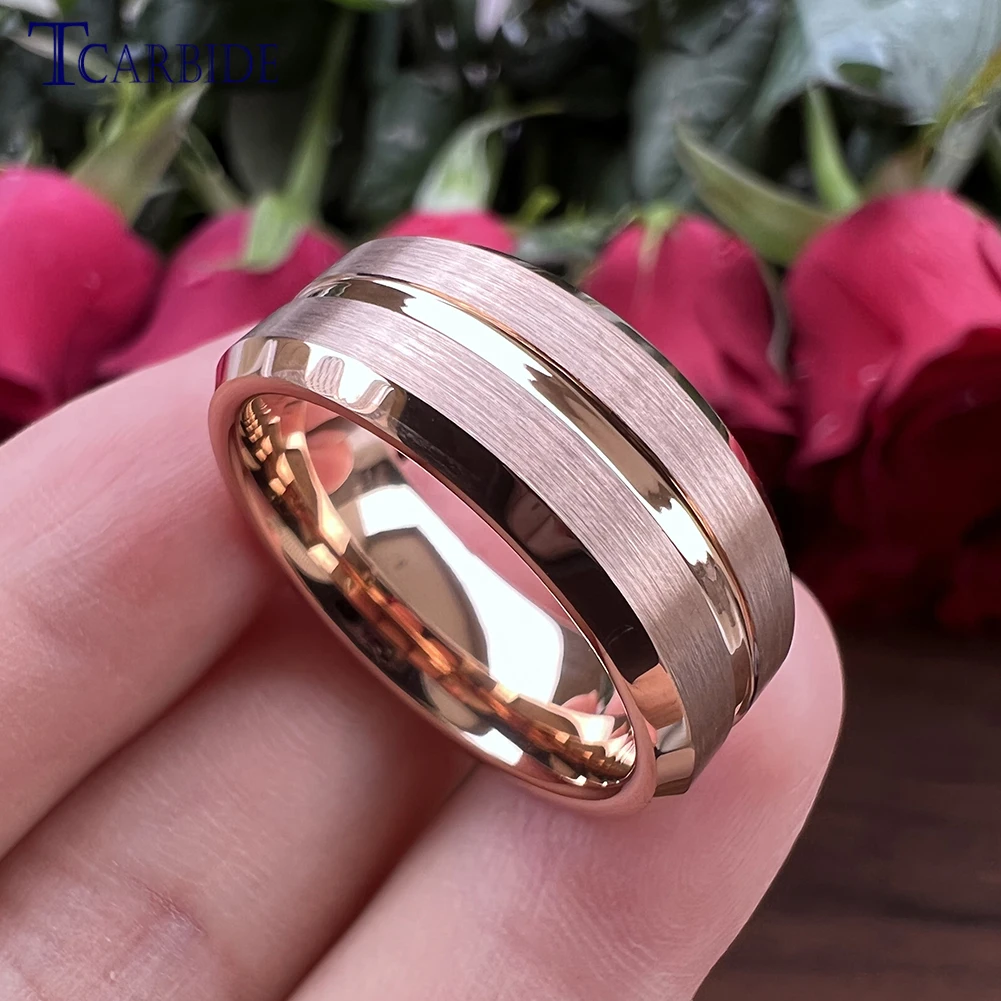 Dropshipping TCarbide 8MM Black Tungsten Wedding Band Men Women Engagement Ring Grooved Brushed Classic Dailylife Gift Jewelry