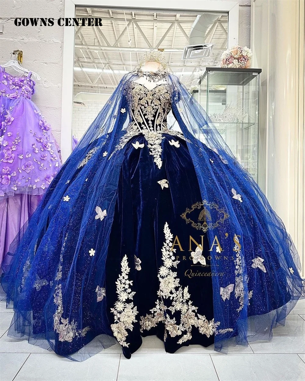Tulle Cape 15 Year Old Velvet Navy Quinceanera Dress 2024 Gloves Gold Lace Appliques Sweet 16 Dress Party Gown Lace Up vstidos