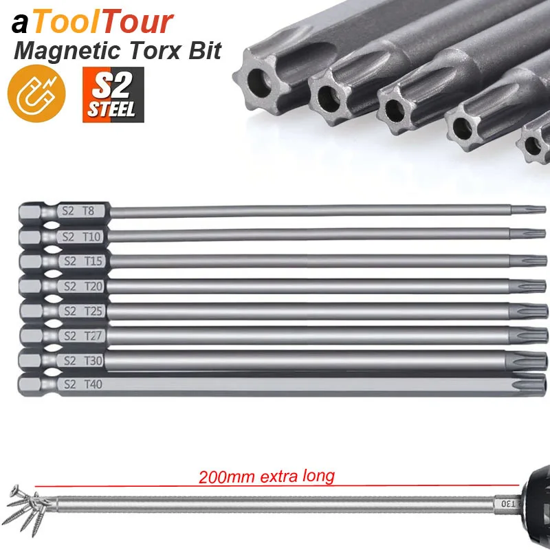 Torx-schroevendraaierset, 11 stuks, lange magnetische bits