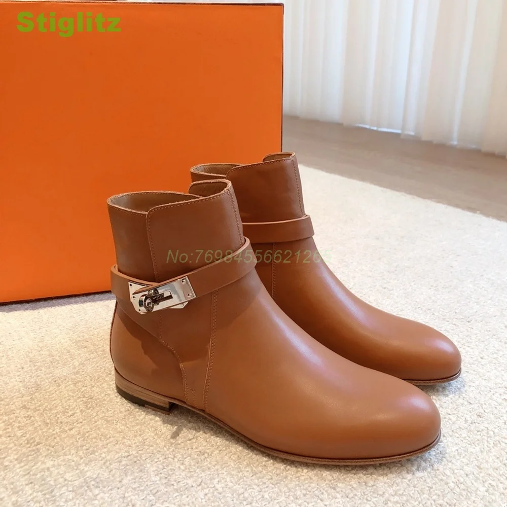 

Lock Straps Ankle Boots Slip On Solid Elegant Winter Women Shoes Round Toe Concise Low Heel Fashion Luxury Daily Black Orange