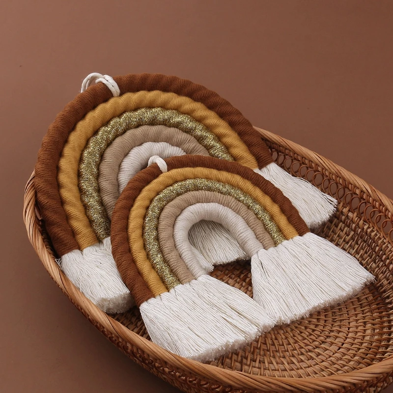 

Room Decoration Handmade Woven Cotton Rope Rainbow Hanging Decoration Wall Hanging Decor With Felt Ball Photo Props