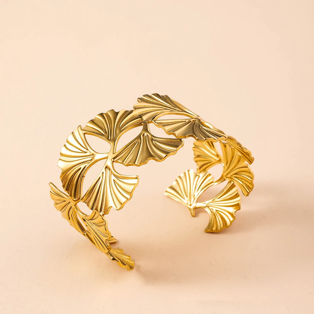 Personalized Opening Adjustable Women's Cuff Bangle Bracelet, Retro Exaggerated Stainless Steel Gold Color Metal Bracelet