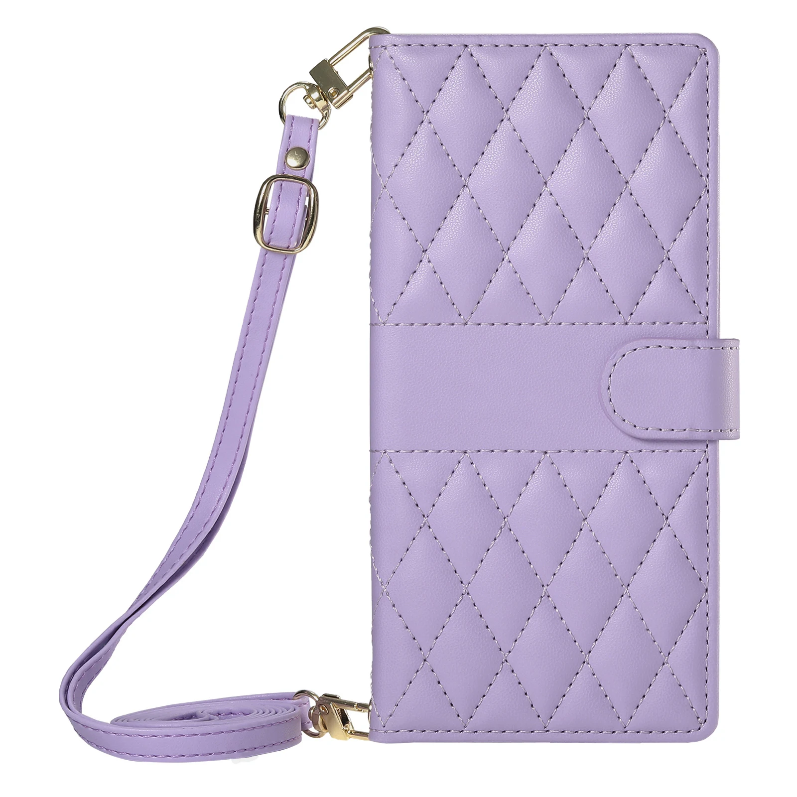 Crossbody Leather Wallet Case with Card Slot and Grid Lanyard – Book Flip Cover