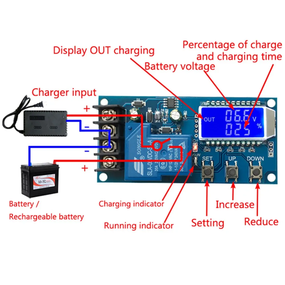 Modulo caricabatteria al litio al piombo 6-60V 10A 30A controllo Display LCD scheda di protezione da sovraccarico ricarica automatica 12/24V