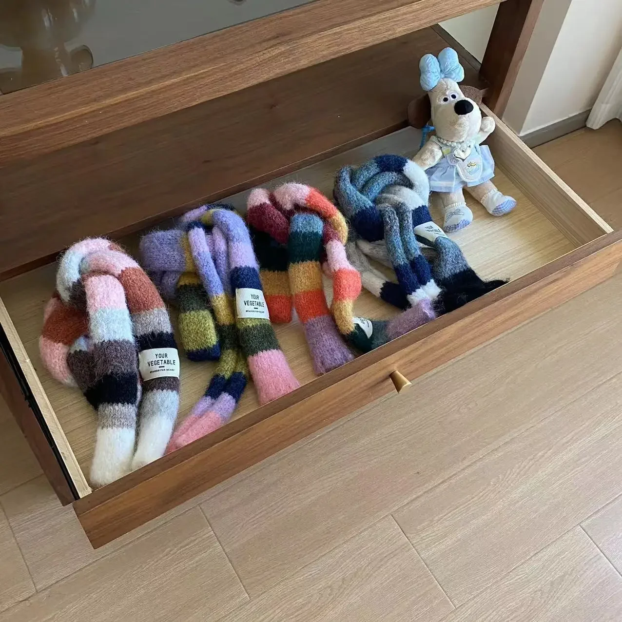 2024 Knitted Wool with Warm Color Splicing Contrast Striped Sausage Thin Scarf