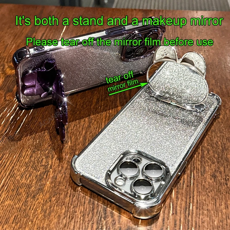 Mirror Rabbit Stand Clear Silicone Soft Case with Plating & Bead Chain - Anti-Fall Four Corners Protection
