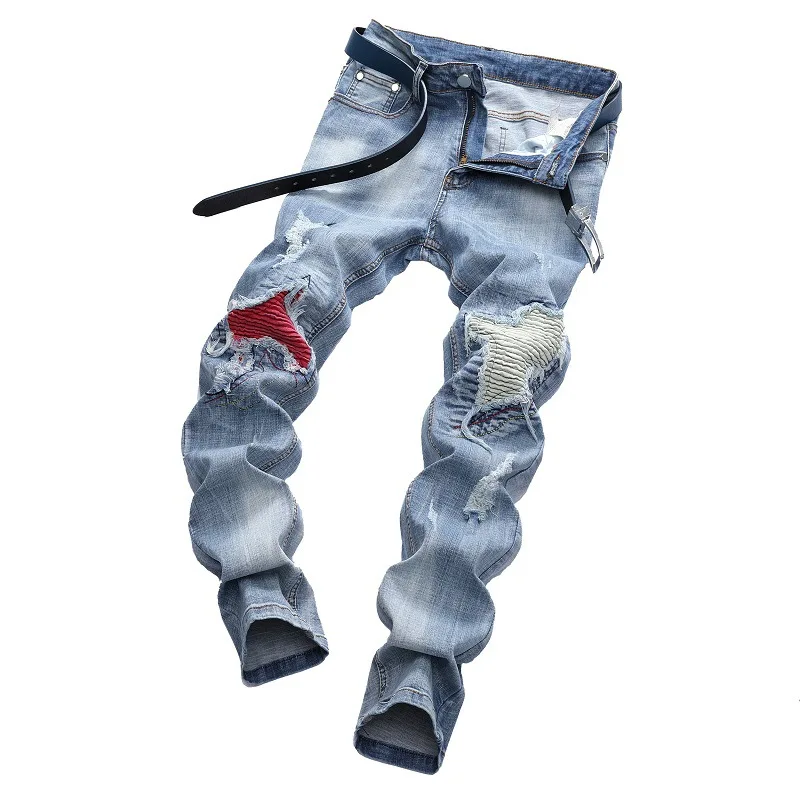 Men's Personalized Ripped Jeans Light Blue Streetwear Stretch Straight Slim Fit Casual Motorcycle Denim Trousers
