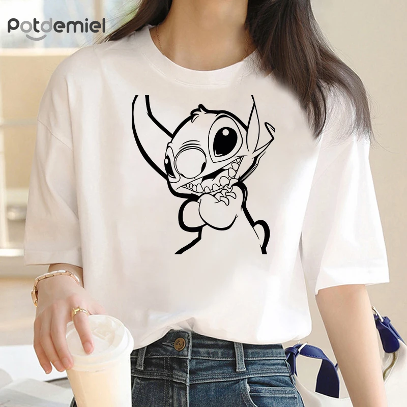 

Kawaii Cartoon Blouses Lilo Love Stitch Tops Fashion Summer Loose T-shirts White Shirt Mens Tees Woman 2000s Clothes Y2k