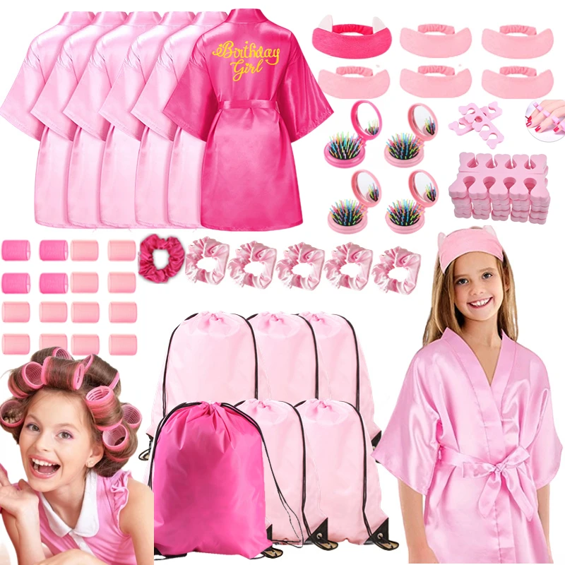 72pcs Spa Party for Girls Birthday Slumber Kimono Robe Kids Sleepover Party Satin Robes with Gift Bags Hair Curlers Rollers Comb