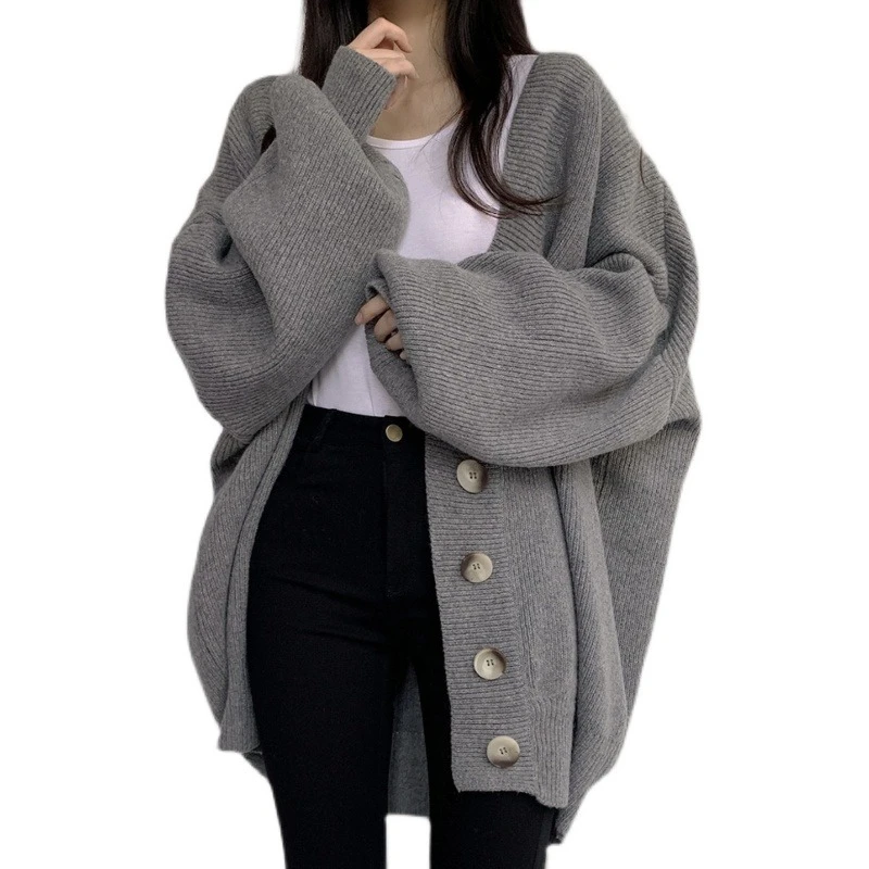 New Autumn and Winter Fashion Women's Clothing Casual V-neck Single-breasted Loose Lantern Sleeve Knitted Cardigan Sweater Coat