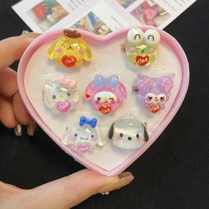 Sanrio Ring Kuromi Hello Kitty My Melody Kawaii Anime Cinnamoroll Open Adjustable RingWith Love Box Girl Heart Decorate Toy Gift