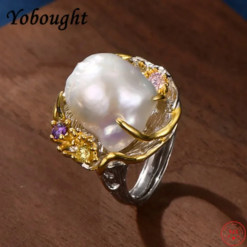 

Genuine s925 sterling silver rings for Women New Fashion Baroque freshwater pearl micro inlay zircon flower hollow jewelry