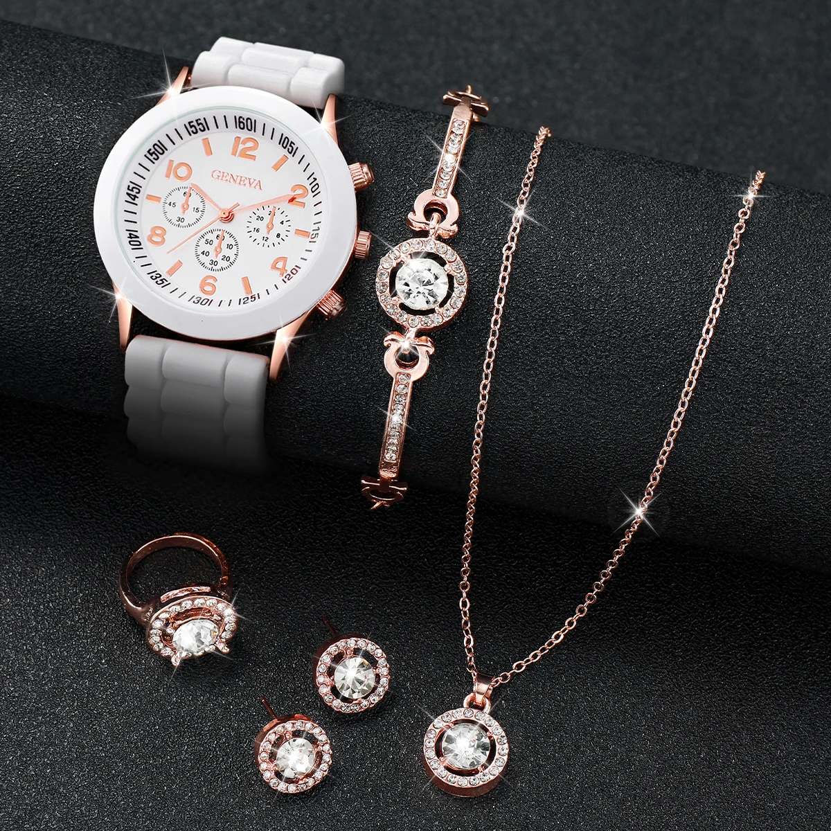 7PCs/Set Hot Women's Watch Combination Set New Creative Trendy Watch Leather Watch Silicone Watch Jewelry Set Box Not Included