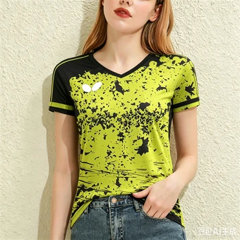 T-shirt sportiva da donna per allenamento badminton, estiva, casual, scollo a V, a maniche corte, per corsa e palestra