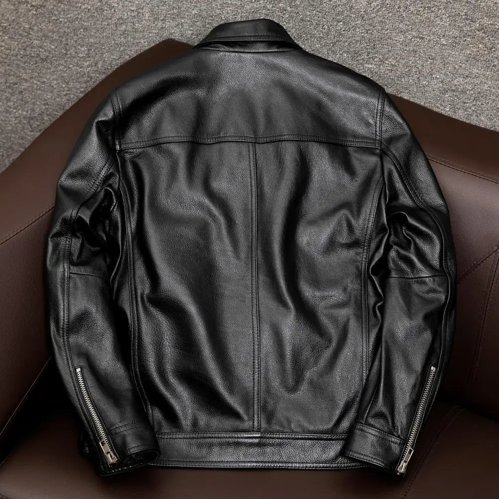 Europe and America Fashion Men Solid Color Simple Basic Casual Trendy Turn-down Collar Long Sleeve Faux Leather Coats Male Tops