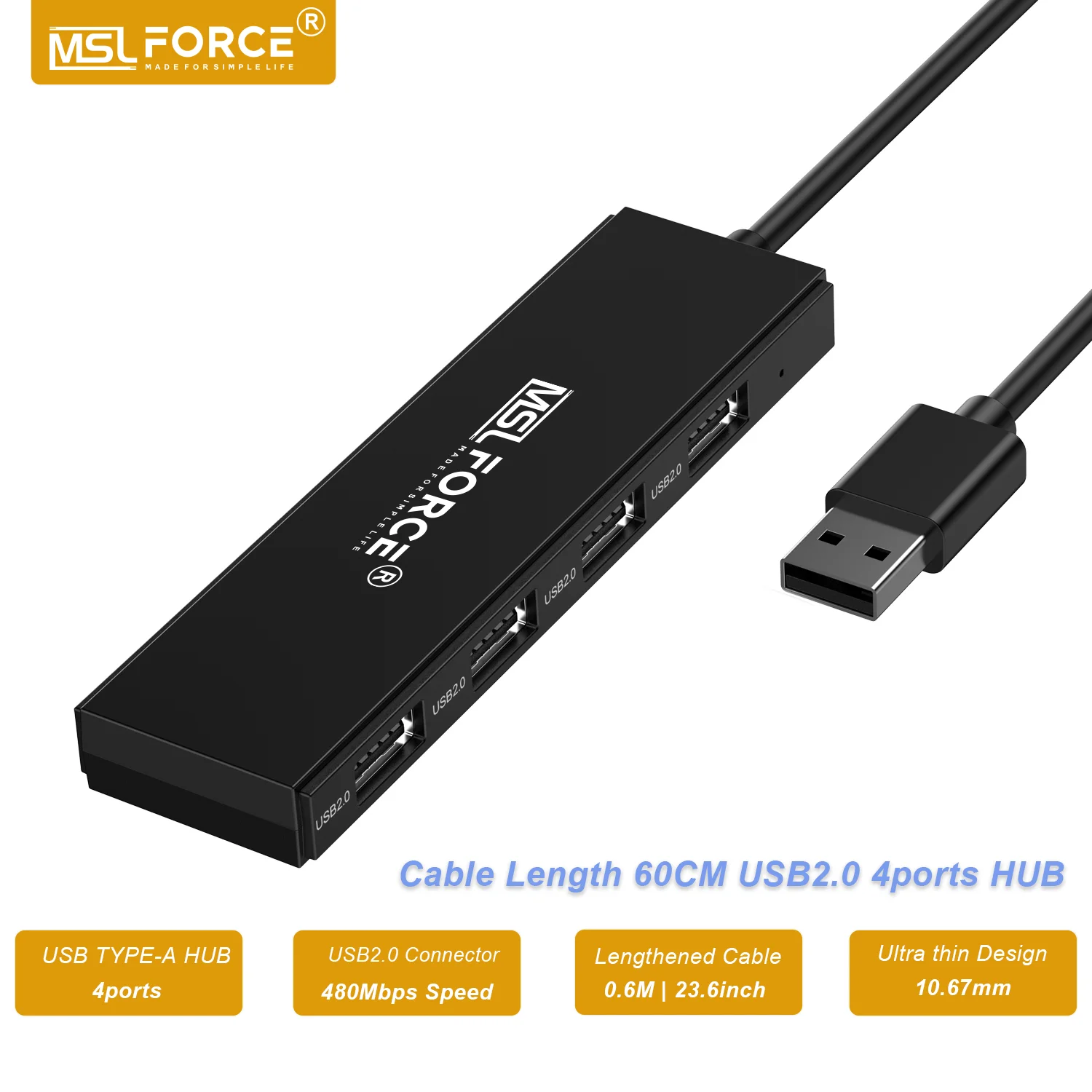 Mslforce Usb Hub Splitter Usb Extender A 4 Porte Per Laptop, Pc, Macbook, Mac Pro, Mac Mini, Imac, Surface Pro E Più Lunghezza 60Cm