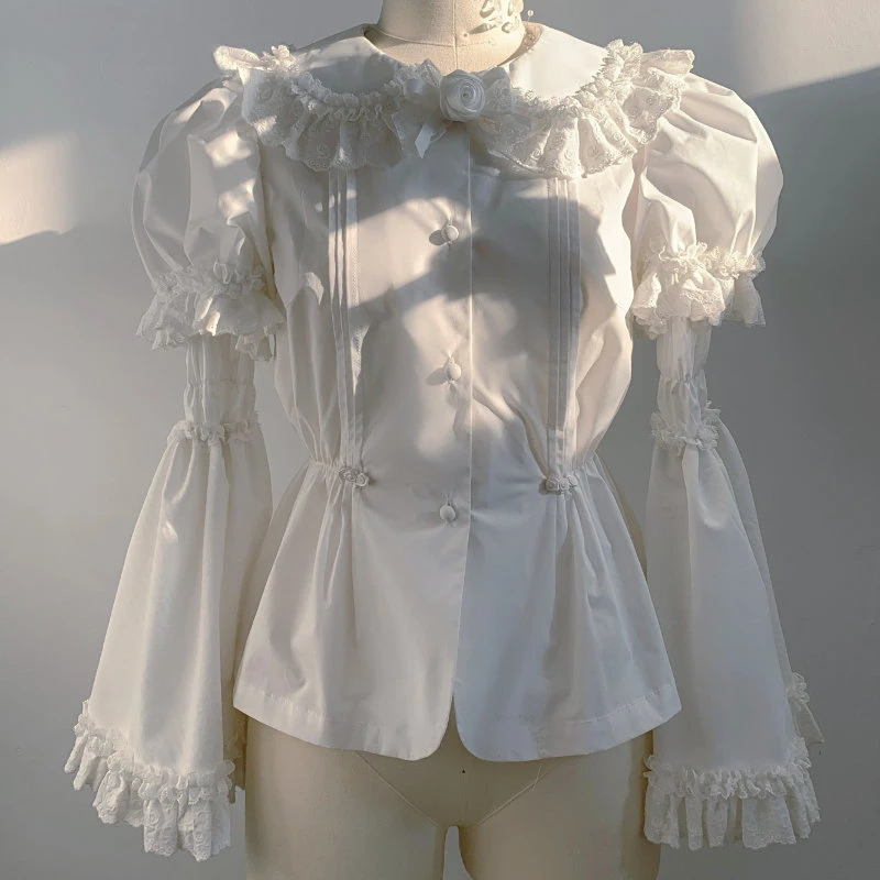 Vintage Victorian Kawaii Lolita Shirts Women Gothic Lace Ruffles Rose Peter Pan Collar Removable Long Sleeve Blouses Sweet Tops lolita bowknot fake sleeve women girls knitted lace ruffles cuffs false sleeves y2k gothic fingerless detachable wrist warmer