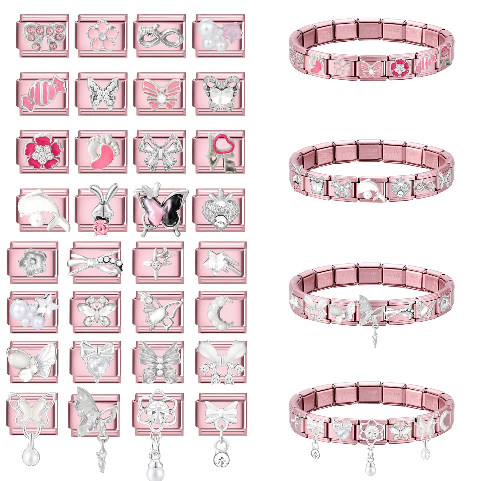 Pink 3D Shiny Bow Heart Charm Bracelet
